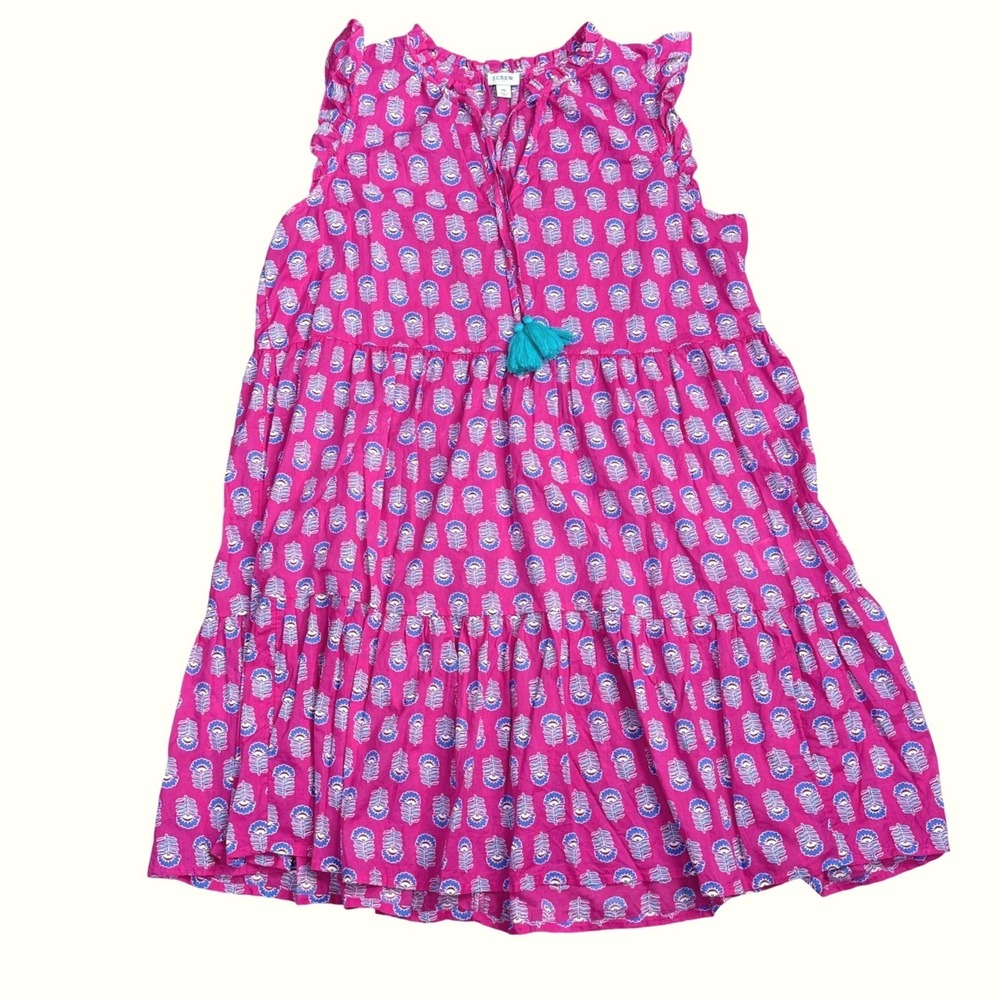 J.Crew Block Print Tiered Tassel Mini Dress Womens XL Pink Breezy Feminine 
Boho